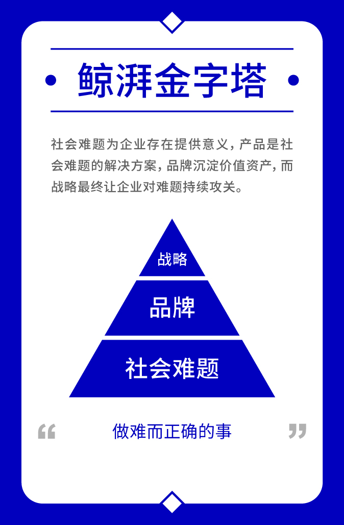 鲸湃金字塔图示，三层结构依次为社会难题、品牌与战略，体现企业价值建设逻辑。